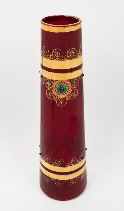 A Venetian tall ruby glass vase with green jewelled and gilt decoration, ​​​​​​​49.5cm high