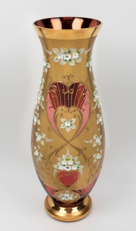 A Monumental Venetian ruby glass vase with floral enamel overlay, attributed to ANTONIA SALVADORI, ​​​​​​​52cm high