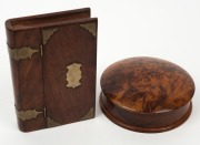 An antique timber book box, together with a circular amboyna jewellery box, 19th and 20th century, the book box 18cm high