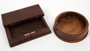 An antique timber book box, together with a circular amboyna jewellery box, 19th and 20th century, the book box 18cm high - 2