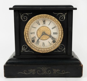 WELCH antique American mantle clock in ebonized case with time and strike movement, 19th century, 27cm high