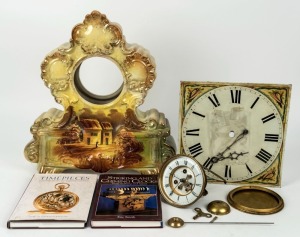 Antique German porcelain clock case, 19th century hand-painted 30 hour long-case dial and hands manufactured by Wright of Birmingham, an eight day antique French spring driven clock movement with exposed escapement by S. MARTI, plus two books on clocks, (5 items)