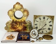 Antique German porcelain clock case, 19th century hand-painted 30 hour long-case dial and hands manufactured by Wright of Birmingham, an eight day antique French spring driven clock movement with exposed escapement by S. MARTI, plus two books on clocks, (