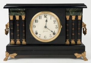 SESSIONS antique American mantle clock in ebonized timber case with faux marble decoration, eight day time and gong striking spring driven movement, with Arabic numerals, early 20th century, ​​​​​​​26cm high