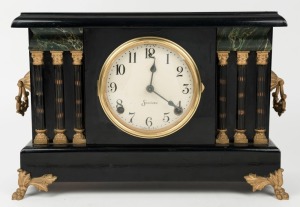 SESSIONS antique American mantle clock in ebonized timber case with faux marble decoration, eight day time and gong striking spring driven movement, with Arabic numerals, early 20th century, 26cm high