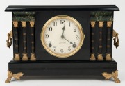 SESSIONS antique American mantle clock in ebonized timber case with faux marble decoration, eight day time and gong striking spring driven movement, with Arabic numerals, early 20th century, ​​​​​​​26cm high