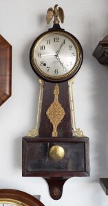 SESSIONS antique American banjo wall clock with cast metal eagle finial, early 20th century, 67cm high