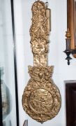 Comtoise antique French clock with enamel dial, 19th century, with pressed brass automata style pendulum and a pair of brass cased 18th century London long case weights, 149cm high overall - 3