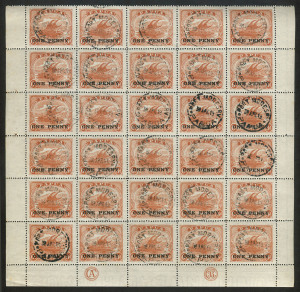 PAPUA: 1917 (SG.110) ONE PENNY on 6d orange-brown, part sheet (30) with CA and JBC Monograms, cancelled per favour at PORT MORESBY 30 April 1919. Cat.£870++.