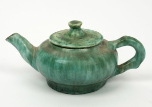 NELL McCREDIE green glazed pottery teapot, ​​​​​​​9cm high, 21cm wide