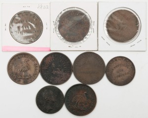 SHOP TOKENS group including JOHN PETTIGREW & Co. IPSWICH 1865, A. TOOGOOD SYDNEY 1855, STEWART & HEMMANT OF BRISBANE & ROCKHAMPTON, J. SAWYER OF BRISBANE 1864, and R. PARKER OF GEELONG, etc (9 items)