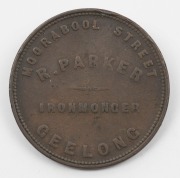 SHOP TOKENS group including JOHN PETTIGREW & Co. IPSWICH 1865, A. TOOGOOD SYDNEY 1855, STEWART & HEMMANT OF BRISBANE & ROCKHAMPTON, J. SAWYER OF BRISBANE 1864, and R. PARKER OF GEELONG, etc (9 items) - 2