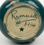 REMUED pottery vase with applied gumnut and leaf, glazed in pink, green and blue, incised "Remued, 1934", 13cm high - 3