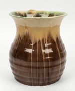 REMUED pottery vase with applied gumnuts and leave, glazed in green and brown, incised "Remued, Hand Made, 191/8M", 21cm high - 3
