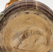 REMUED pottery vase with applied gumnuts and leave, glazed in green and brown, incised "Remued, Hand Made, 191/8M", 21cm high - 5