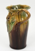 REMUED pottery vase with applied gumnuts and leaves, glazed in green and brown, incised "Remued, Hand Made, 133M", 24cm high - 2