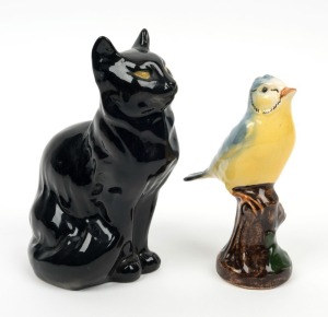 ELISCHER pottery cat and finch, both stamped "Elischer", 16cm and 13.5cm high