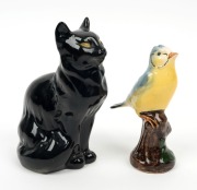 ELISCHER&nbsp;pottery cat and finch, both stamped "Elischer", ​​​​​​​16cm and 13.5cm high