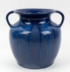 MELROSE WARE blue glazed pottery vase with two handles, stamped "Melrose Ware, Australian", 25cm high