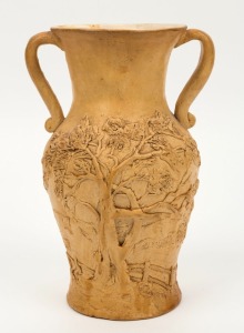 EVA OLIVER pottery vase with applied landscape scene, incised "E. OLIVER, Launceston, Tas. 1939", 22.5cm high