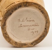 EVA OLIVER pottery vase with applied landscape scene, incised "E. OLIVER, Launceston, Tas. 1939", ​​​​​​​22.5cm high - 3