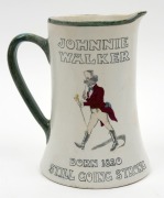 CALYX "JOHNNIE WALKER, Born 1820, Still Going Strong" antique ceramic jug, circa 1920, rare. Stamped "CALYX, PERTH W.A." with black swan, 18.5cm high - 2