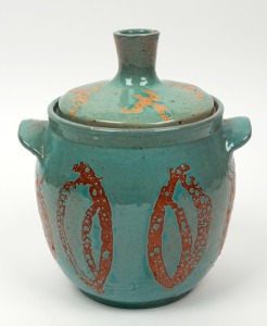 SADIE KENNEDY green glazed pottery canister, incised "Sadie Kennedy", ​​​​​​​23cm high