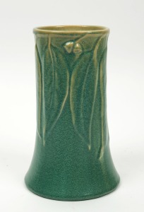 MELROSE WARE green glazed pottery vase with gum leaf decoration, stamped "Melrose Ware, Australian", 21.5cm high