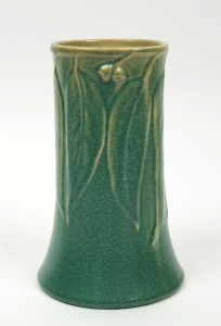 MELROSE WARE green glazed pottery vase with gum leaf decoration, stamped "Melrose Ware, Australian", ​​​​​​​21.5cm high