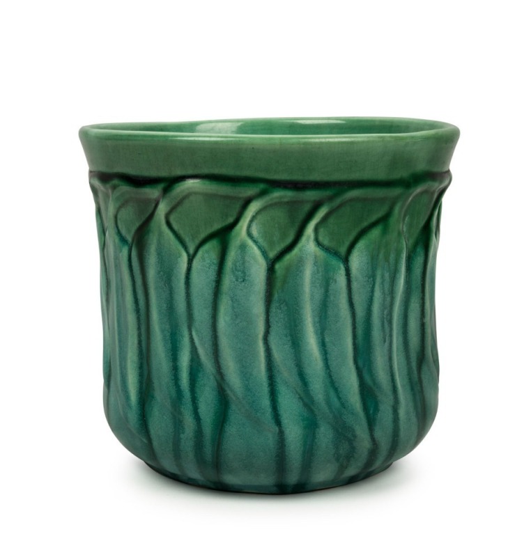 MELROSE WARE green glazed pottery jardiniere with gum leaf decoration, stamped "Melrose Ware, Australian", 17cm high, 21cm diameter