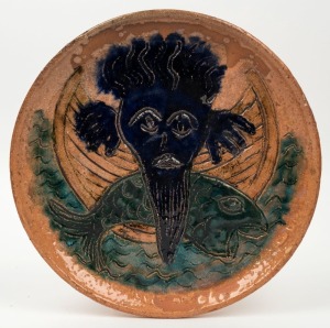 ROBERT LANGLEY pottery plaque with green and blue glaze, incised "Robert Langley", 31.5cm diameter