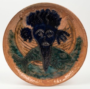 ROBERT LANGLEY pottery plaque with green and blue glaze, incised "Robert Langley", ​​​​​​​31.5cm diameter