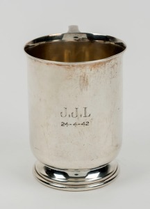 STOKES & SONS Australian sterling silver christening mug, engraved "J.J.L. 24/4/42", 9cm high, 155 grams