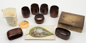 "Hobart Tasmania Tudor Court" character jug by Shorter & Sons, together with seven assorted fiddleback blackwood napkin rings, a hand-painted gumleaf postcard, a metal cigarette case, and an ANSETT Hamilton Island commemorative medal, (10 items),