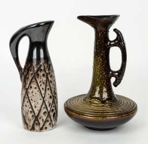 ELLIS pottery jug with lava glaze, together with a brown glazed jug, incised "Ellis", 26cm and 25cm high.