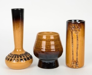 ELLIS group of three assorted brown and yellow glazed pottery vases, incised "Ellis", the largest 19.5cm high.