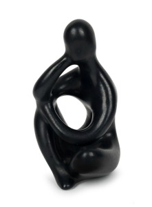 ELLIS "Thinker" black glazed pottery statue, 25cm high.