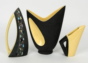 ELLIS two tone yellow and black vase and two jugs, (3 items), incised "Ellis", the largest 25cm high.