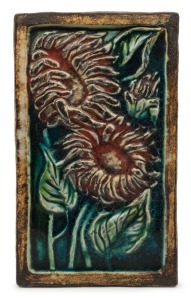 ELLIS "Sunflowers" art pottery plaque, incised "Ellis", with provenance note "Ellis estate", 38cm high.