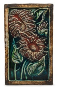 ELLIS "Sunflowers" art pottery plaque, incised "Ellis", with provenance note "Ellis estate", 38cm high.