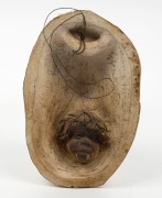 WILLIAM RICKETTS wall mounted pottery face plaque of an Aboriginal elder, reverse adorned with young face, incised "Wm. Ricketts", with remains of pencil inscription 19cm high - 2