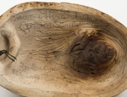 WILLIAM RICKETTS wall mounted pottery face plaque of an Aboriginal elder, reverse adorned with young face, incised "Wm. Ricketts", with remains of pencil inscription 19cm high - 3