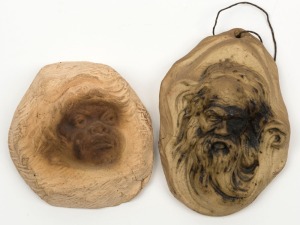 WILLIAM RICKETTS wall mounted pottery face plaque of an Aboriginal elder, together with a young face example, (2 items), incised "Wm. Ricketts", 13cm high and 11cm high