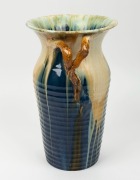REMUED tall blue glazed pottery vase with branch handle, incised "Remued, 214/12", 31cm high - 2
