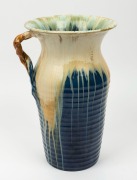 REMUED tall blue glazed pottery vase with branch handle, incised "Remued, 214/12", 31cm high - 3