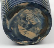 REMUED tall blue glazed pottery vase with branch handle, incised "Remued, 214/12", 31cm high - 4