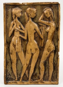 ARTIST UNKNOWN fired chalk ware plaque depicting three female nudes, 28.5cm x 19cm