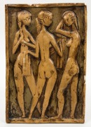 ARTIST UNKNOWN fired chalk ware plaque depicting three female nudes, 28.5cm x 19cm