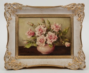 EVELYN BAXTER (1926-1979), Cecil Brunner Rose, oil on canvas laid down on board, signed lower left "Evelyn M. Baxter", titled verso, 15 x 20cm, 23 x 29cm overall