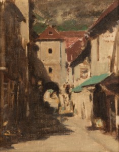 HARLEY GRIFFITHS (1908-1981), Toledo, oil on wood panel, titled verso, ​​​​​​​34 x 28cm, 46 x 38cm overall